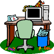 cartoon of desk, computer, waste basket and party hat and calander showing Jan 1